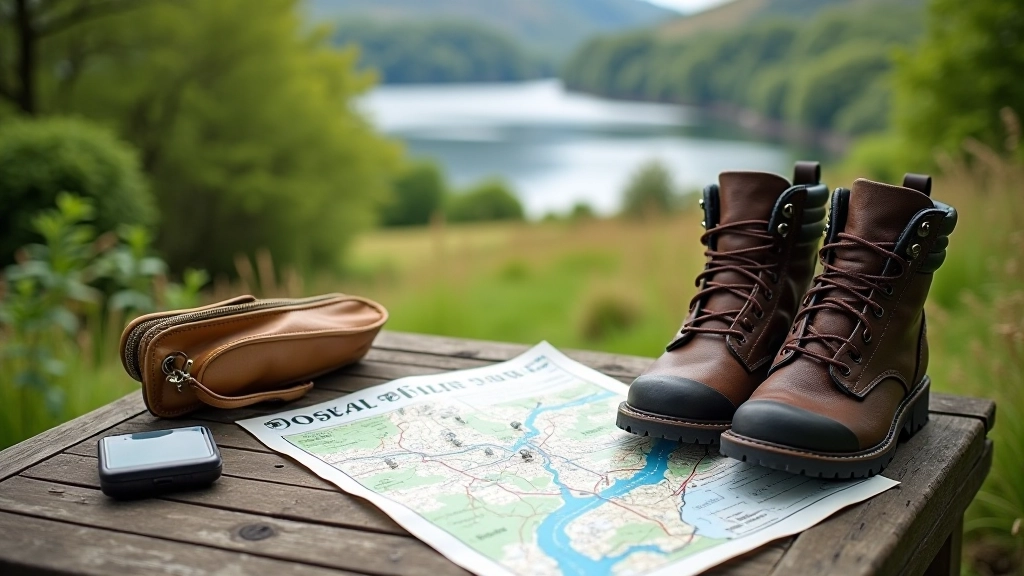 Detailed hiking map and walking boots on outdoor surface